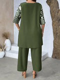 Set da donna oversize di camicia e pantaloni elegante con stampa asimmetrica e patchwork, due pezzi