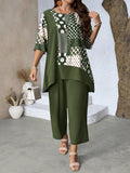 Set da donna oversize di camicia e pantaloni elegante con stampa asimmetrica e patchwork, due pezzi