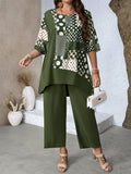 Set da donna oversize di camicia e pantaloni elegante con stampa asimmetrica e patchwork, due pezzi