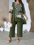 Set da donna oversize di camicia e pantaloni elegante con stampa asimmetrica e patchwork, due pezzi
