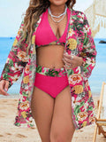 3 pezzi Costume da bagno con Kimono a maniche lunghe, bikini casuale con collo alto, per donna taglia comoda, costumi da bagno da spiaggia alla moda