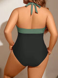 Costume Da Bagno Intero Estivo Con Pieghe E Blocchi Di Colore Per Taglie Forti Con Collo A Fascia