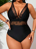 Costume da bagno intero taglie forti con pannello in rete e arricciature sulla pancia, adatto per donne, casual e vacanza