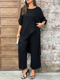 Completo casual estivo due pezzi, camicia e pantaloni con orlo asimmetrico, in colore unito, taglie forti