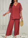 Set di 2 pezzi da donna taglia curvy, top con maniche a volant e pantaloni dritti