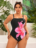 Costume da bagno monokini da donna taglia grande, motivo floreale di gigli, con bretelline rimovibili, adatto per vacanze al mare