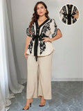 2 pezzi/set Vacanze estive casual taglie forti, scollo a V, con fiocco in vita