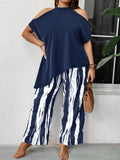Completo casual con top con orlo asimmetrico e pantaloni in vita elastica con stampa digitale, taglia comoda
