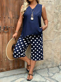 Set da 2 pezzi, con top a canotta scollo a V e orlo asimmetrico e pantaloni stampati a pois 3/4, casual e confortevole