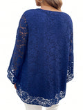 Camicia da donna  collo a V morbido con maniche corte, in pizzo e fantasia floreale, blu