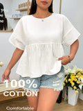 Blusa casual oversize da donna con collo rotondo, maniche corte e balza sul fondo, colore bianco