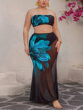Set da bagno elegante e casual da donna taglie forti con stampa floreale, composto da reggiseno a fascia regolabile, pantaloncini a vita alta e gonna lunga in rete
