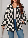 Cardigan casual in maglia a maniche lunghe con stampa a quadri, taglia comoda