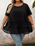 Camicetta oversize in chiffon nero con balze, maniche corte, stile casual, bohémien
