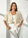Giacca corta da donna con maniche corte, in tessuto effetto raso, stile elegante minimalista