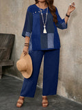 Set da 2 pezzi casual da donna taglie forti: camicia lunga con bottoni e maniche 7/8, scollo rotondo, stampa a quadri, e pantaloni a vita elastica in vita con gamba ampia di colore unito