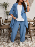 Set 3 pezzi Casual Taglia Comoda Composto Da Giacca E Pantaloni Tinta Unita e canottiera bianca