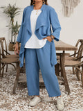 Set 3 pezzi Casual Taglia Comoda Composto Da Giacca E Pantaloni Tinta Unita e canottiera bianca
