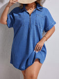 Abito in denim casual, comodo e morbido, con chiusura lampo, maniche a pipistrello e tasche, adatto a taglie forti per le donne