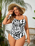 Costume da bagno intero da donna taglie forti, con stampa geometrica casuale e spalline a spaghetti