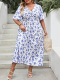 Vestito casual da vacanza a maniche corte con stampa floreale boho e nodo frontale, adatto per taglie comode