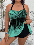 Set da 2 pezzi per taglie forti, top crop con stampa grafica e pantaloncini in tinta unita vita alta con laccetto laterale, canottiera con spalline e intreccio sulla schiena, smagrente, casual tankini