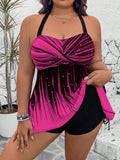Set da 2 pezzi per taglie forti, top crop con stampa grafica e pantaloncini in tinta unita vita alta con laccetto laterale, canottiera con spalline e intreccio sulla schiena, smagrente, casual tankini