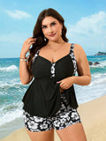Set Costume da Bagno a Tankini taglie forti con Pantaloncini in Tinta Unita e Stampa Casuale in Vita Alta e Decorazione Plissettata senza Maniche per Snellire