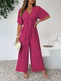 Tuta casual alla moda taglie forti, monocromatica, con scollo a V e vita annodata, stile vintage