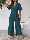 Tuta casual alla moda taglie forti, monocromatica, con scollo a V e vita annodata, stile vintage