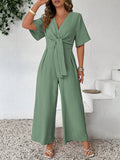 Tuta casual alla moda taglie forti, monocromatica, con scollo a V e vita annodata, stile vintage