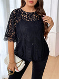 Maglietta di moda da donna taglie forti, a maniche corte, con scollo tondo, in pizzo a motivo floreale, larga