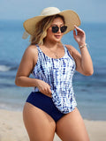 2 pezzi Costume da bagno tankini con stampa floreale blu navy per taglie forti, nasconde la vita, abbigliamento casual da spiaggia/piscina di moda