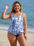 2 pezzi Costume da bagno tankini con stampa floreale blu navy per taglie forti, nasconde la vita, abbigliamento casual da spiaggia/piscina di moda