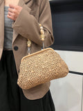 Borsa da spiaggia e da viaggio casual con spalla in tessuto di paglia, tinta unita, design minimalista, borsa da vacanza alla moda per l''estate
