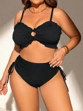Costume da bagno bikini tinta unita per taglie forti da donna, con bretelle a spaghetti e laccetti, casual, per spiaggia e vacanze