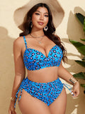 Costume da bagno da donna taglie forti, 2 pezzi, con motivo leopardato, top a bretelle imbottito incrociato e parte inferiore arricciata in vita con coulisse