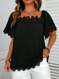 Camicetta/blusa elegante e casual da donna taglie comode, con colletto quadrato, bordi in pizzo, maniche a sbuffo e balze, in tessuto lavorato