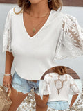 Maglietta elegante taglie forti con rouches e patchwork in stile waffle