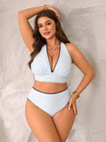 Costume da bagno da donna casual per vacanze al mare, set da 2 pezzi con collo alla halter, taglia comoda, estivo