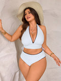 Costume da bagno da donna casual per vacanze al mare, set da 2 pezzi con collo alla halter, taglia comoda, estivo