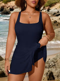 Costume da bagno taglia curvy con gonnellina con nodo, tinta unita