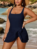 Costume da bagno taglia curvy con gonnellina con nodo, tinta unita