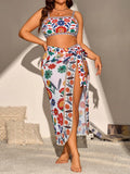 Set da 3 pezzi per donna taglie forti, costume da bagno con bikini, top a fascia con motivo floreale multicolore per vacanze o uso quotidiano, slip a vita alta a triangolo, con spalline rimovibili e regolabili, gonnellina lunga e trasparente