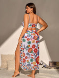 Set da 3 pezzi per donna taglie forti, costume da bagno con bikini, top a fascia con motivo floreale multicolore per vacanze o uso quotidiano, slip a vita alta a triangolo, con spalline rimovibili e regolabili, gonnellina lunga e trasparente