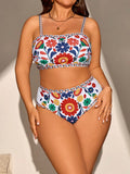 Set da 3 pezzi per donna taglie forti, costume da bagno con bikini, top a fascia con motivo floreale multicolore per vacanze o uso quotidiano, slip a vita alta a triangolo, con spalline rimovibili e regolabili, gonnellina lunga e trasparente