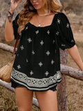 Camicia casual oversize stile western boho da vacanza, stampa, maniche a sbuffo a maniche corte, casual e rilassata