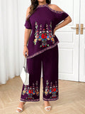 Set da donna taglie forti in 2 pezzi, top con spalle scoperte e stampa di loto bohemien, e pantaloni casual ampi