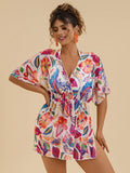 Copricostume spiaggia con scollo a V e incroci, in stile casual con fantasia floreale tropicale, comodo, per taglie forti, indumento da spiaggia