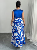 Abito estivo elegante da donna taglie forti, con stampa a foglie e patchwork, senza maniche